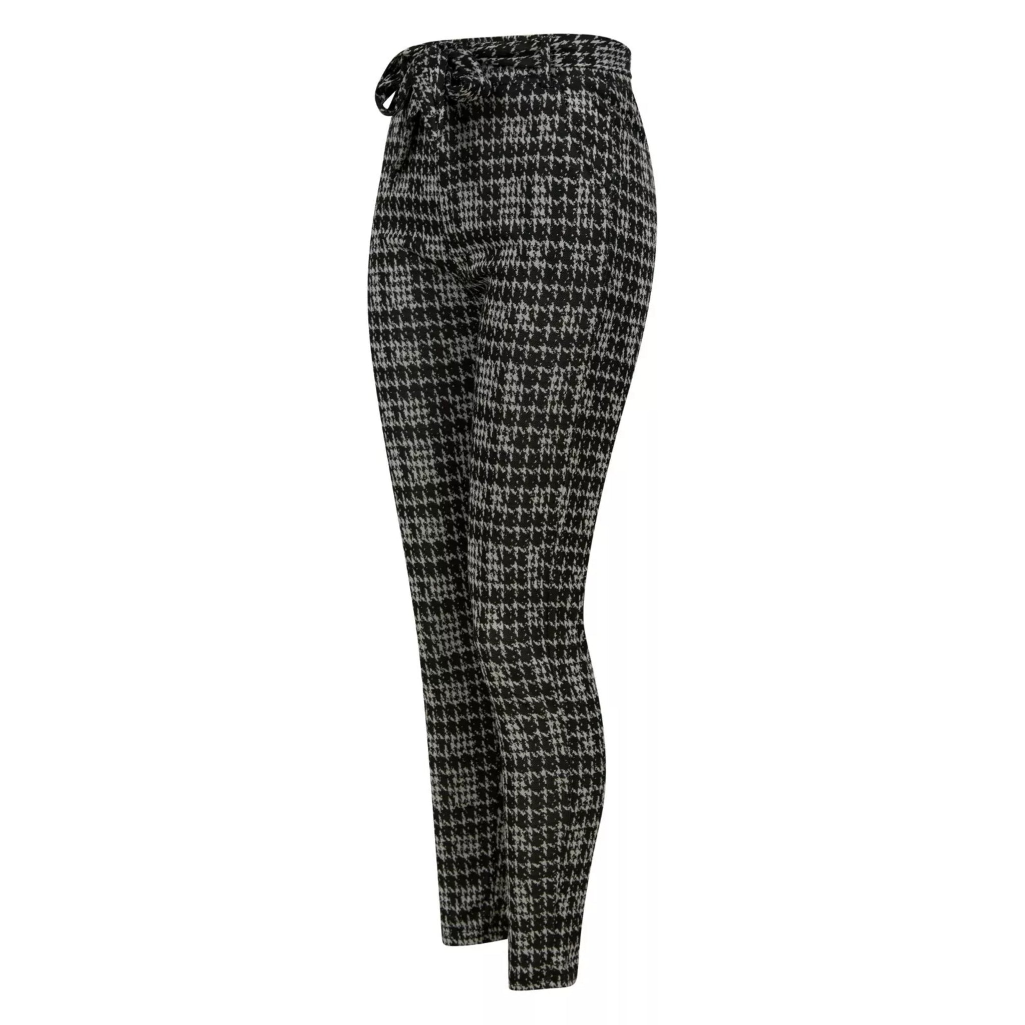 Women's black and white houndstooth check slim fit trousers with tie waist